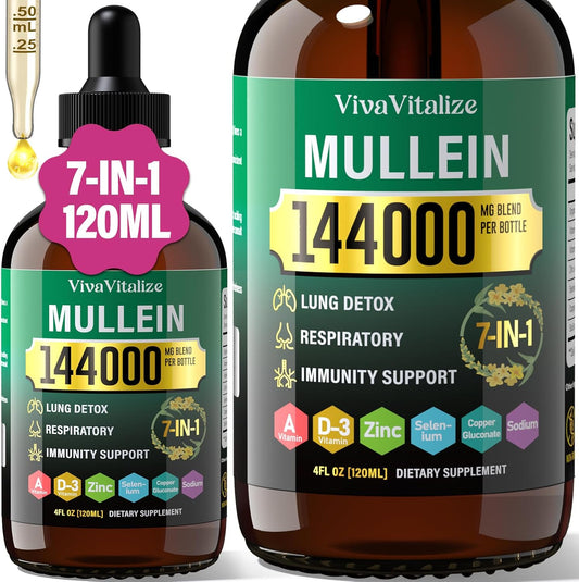 VivaVitalize Mullein Leaf Extract Drops for Healthy Lungs & Respiratory Function - 144000mg, Natural Supplement, Sugar & Alcohol-Free - 120-Day Supply