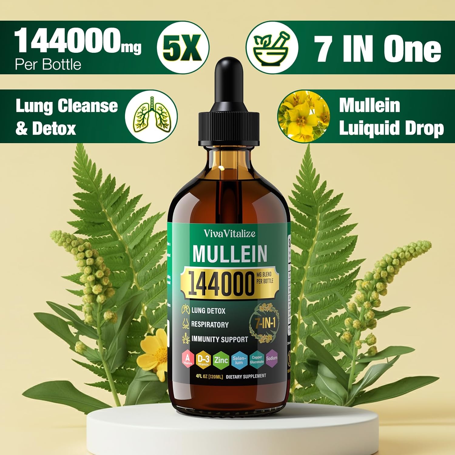 VivaVitalize Mullein Leaf Extract Drops for Healthy Lungs & Respiratory Function - 144000mg, Natural Supplement, Sugar & Alcohol-Free - 120-Day Supply