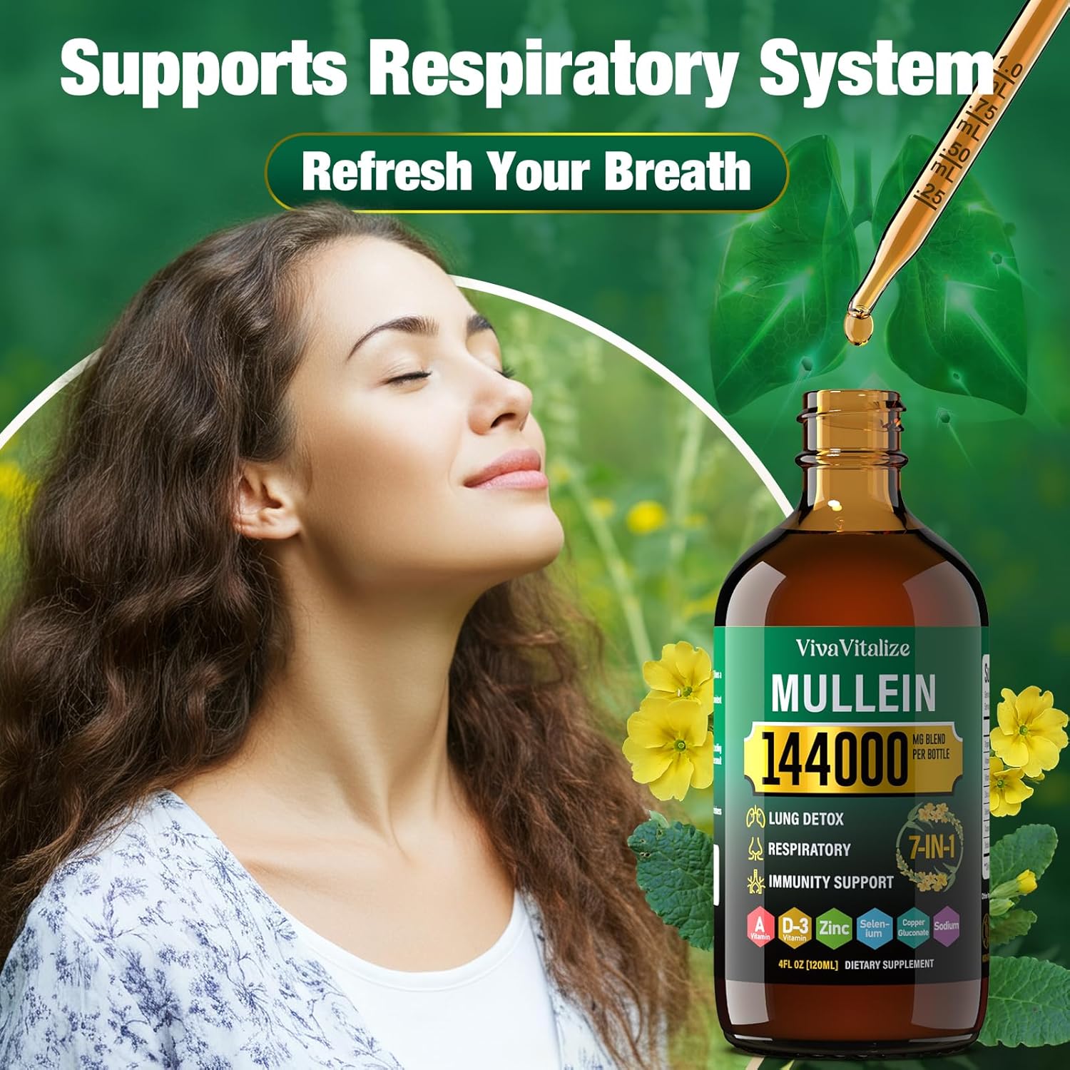 VivaVitalize Mullein Leaf Extract Drops for Healthy Lungs & Respiratory Function - 144000mg, Natural Supplement, Sugar & Alcohol-Free - 120-Day Supply