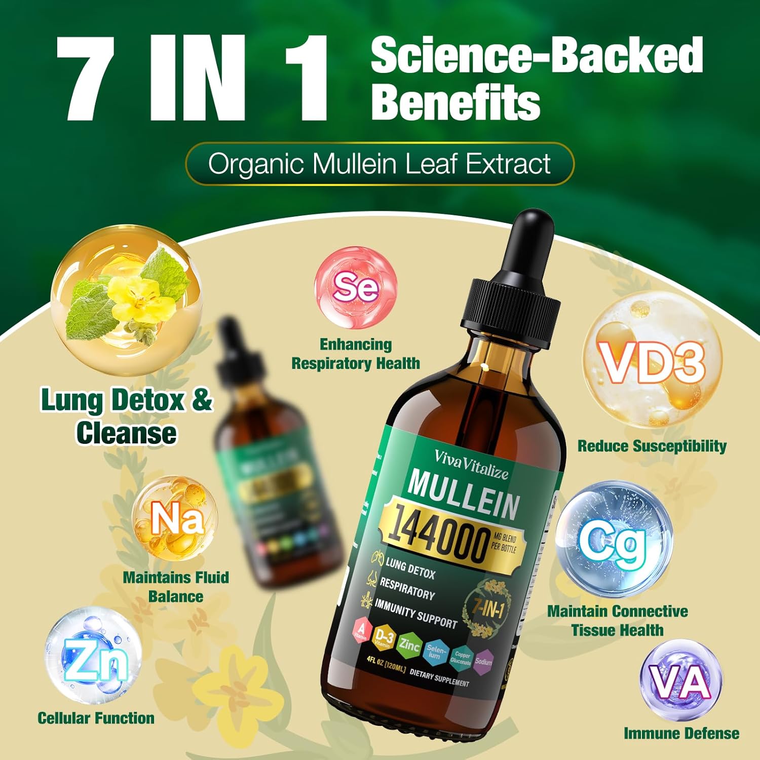 VivaVitalize Mullein Leaf Extract Drops for Healthy Lungs & Respiratory Function - 144000mg, Natural Supplement, Sugar & Alcohol-Free - 120-Day Supply