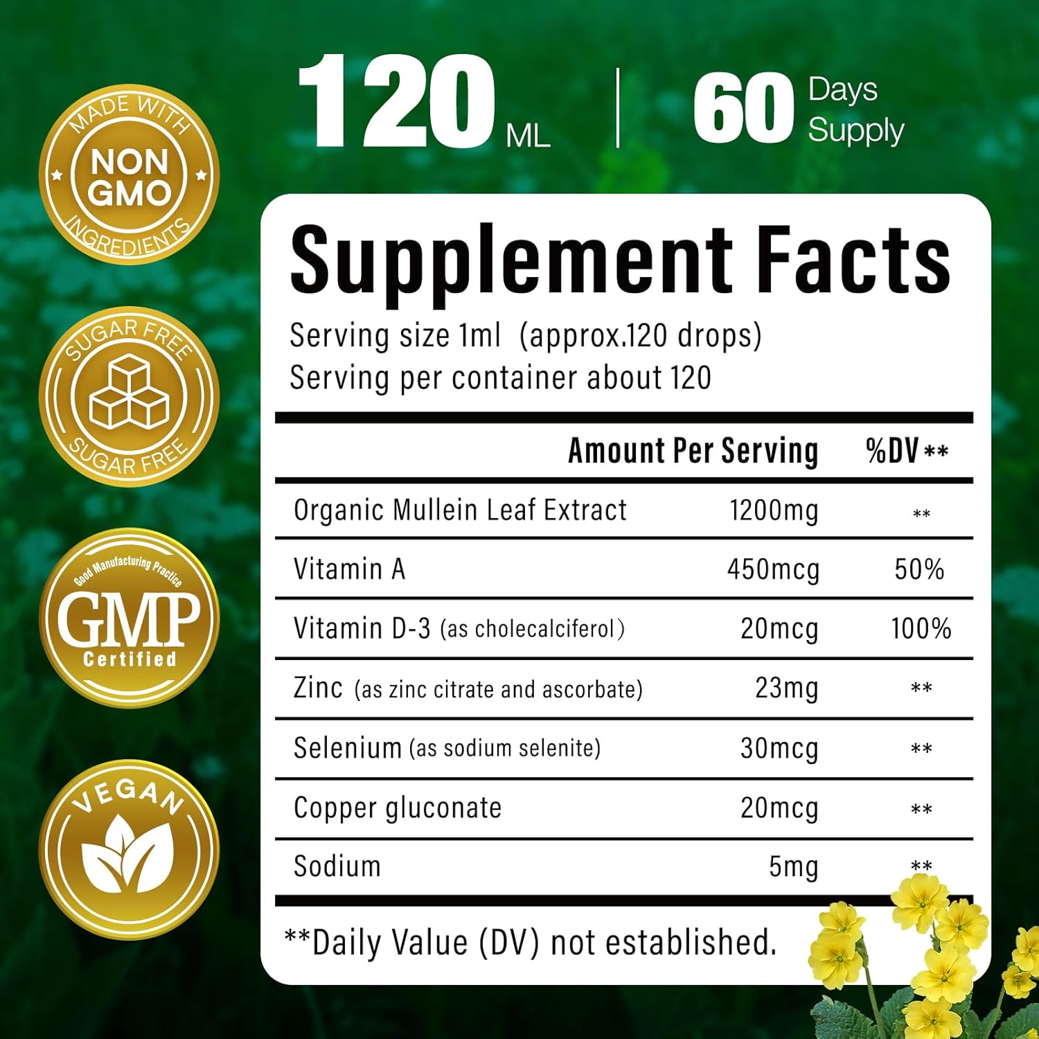 VivaVitalize Mullein Leaf Extract Drops for Healthy Lungs & Respiratory Function - 144000mg, Natural Supplement, Sugar & Alcohol-Free - 120-Day Supply