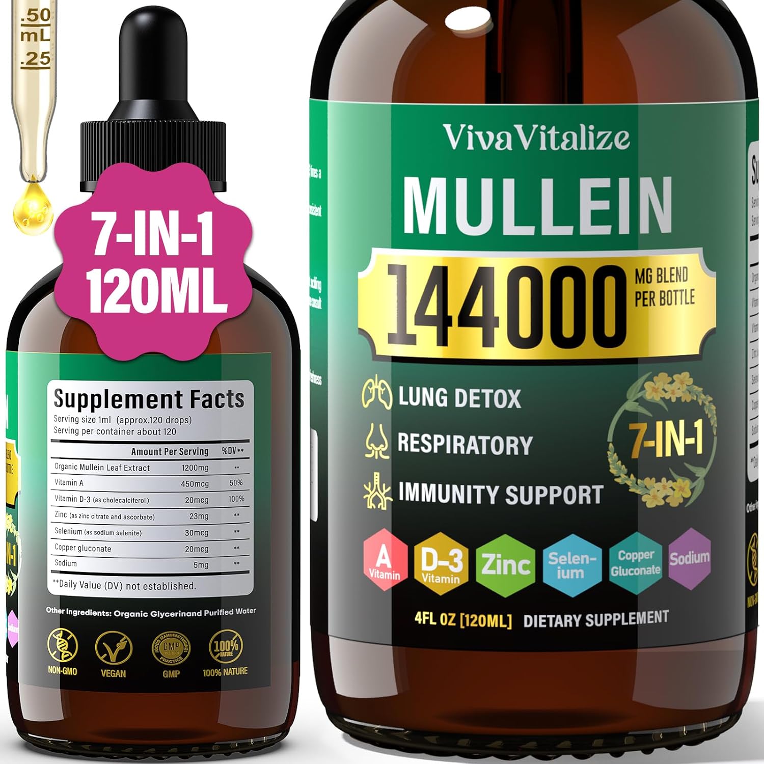 VivaVitalize Mullein Leaf Extract Drops for Healthy Lungs & Respiratory Function - 144000mg, Natural Supplement, Sugar & Alcohol-Free - 120-Day Supply