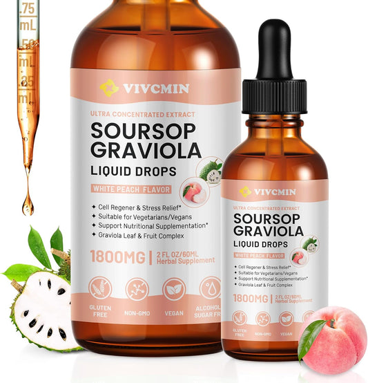 Vivcmin Graviola Soursop Leaf Extract Liquid - Immune Boost & Relaxation Support, Liver & Sleep Aid, Vegan, 98% Absorption, White Peach Flavor - 2 Fl Oz