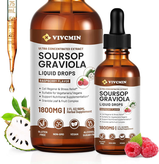 Vivcmin Graviola Soursop Leaf Extract Liquid - Immune Boost & Relaxation Support, Liver & Sleep Aid, Vegan Raspberry Bitters, 2oz