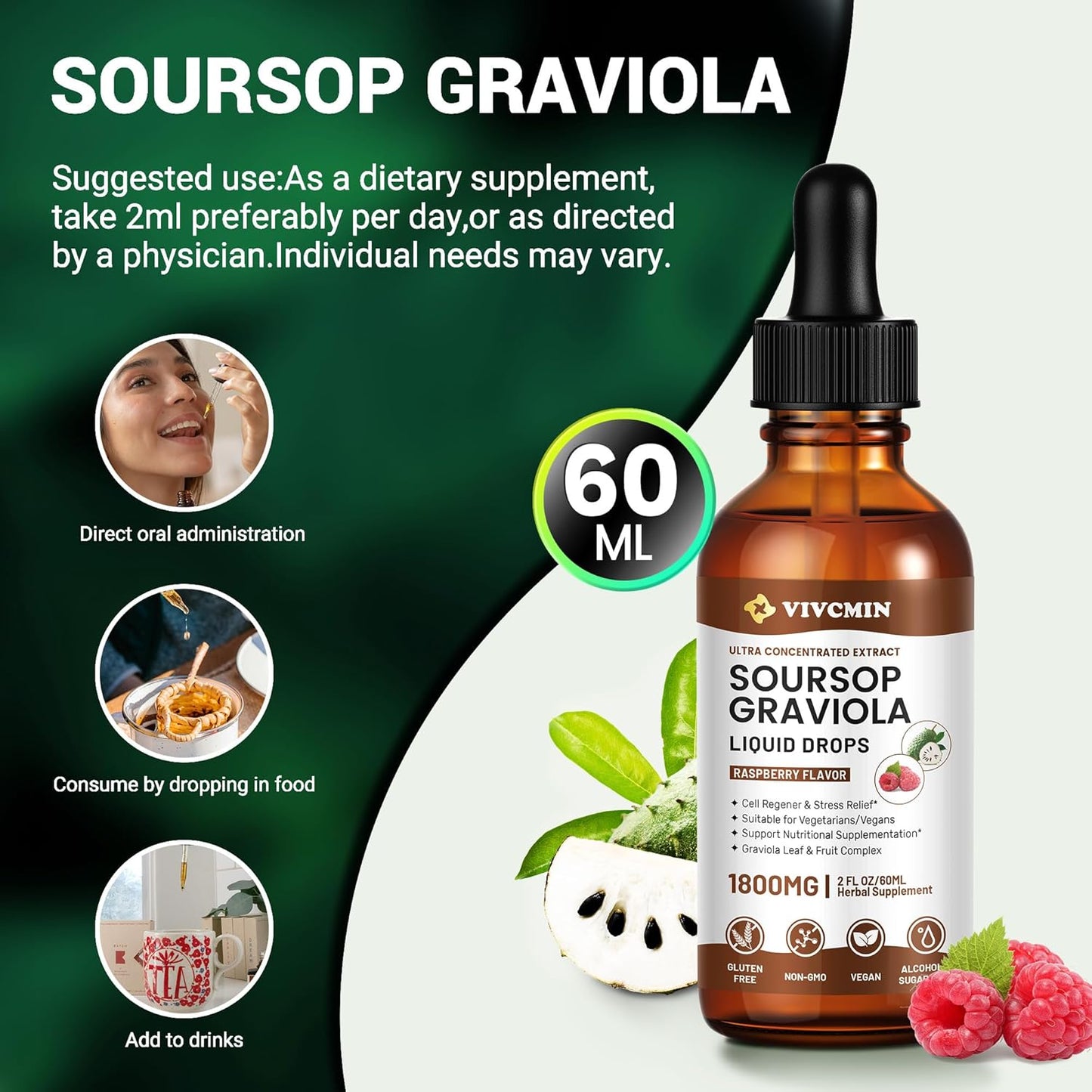 Vivcmin Graviola Soursop Leaf Extract Liquid - Immune Boost & Relaxation Support, Liver & Sleep Aid, Vegan Raspberry Bitters, 2oz