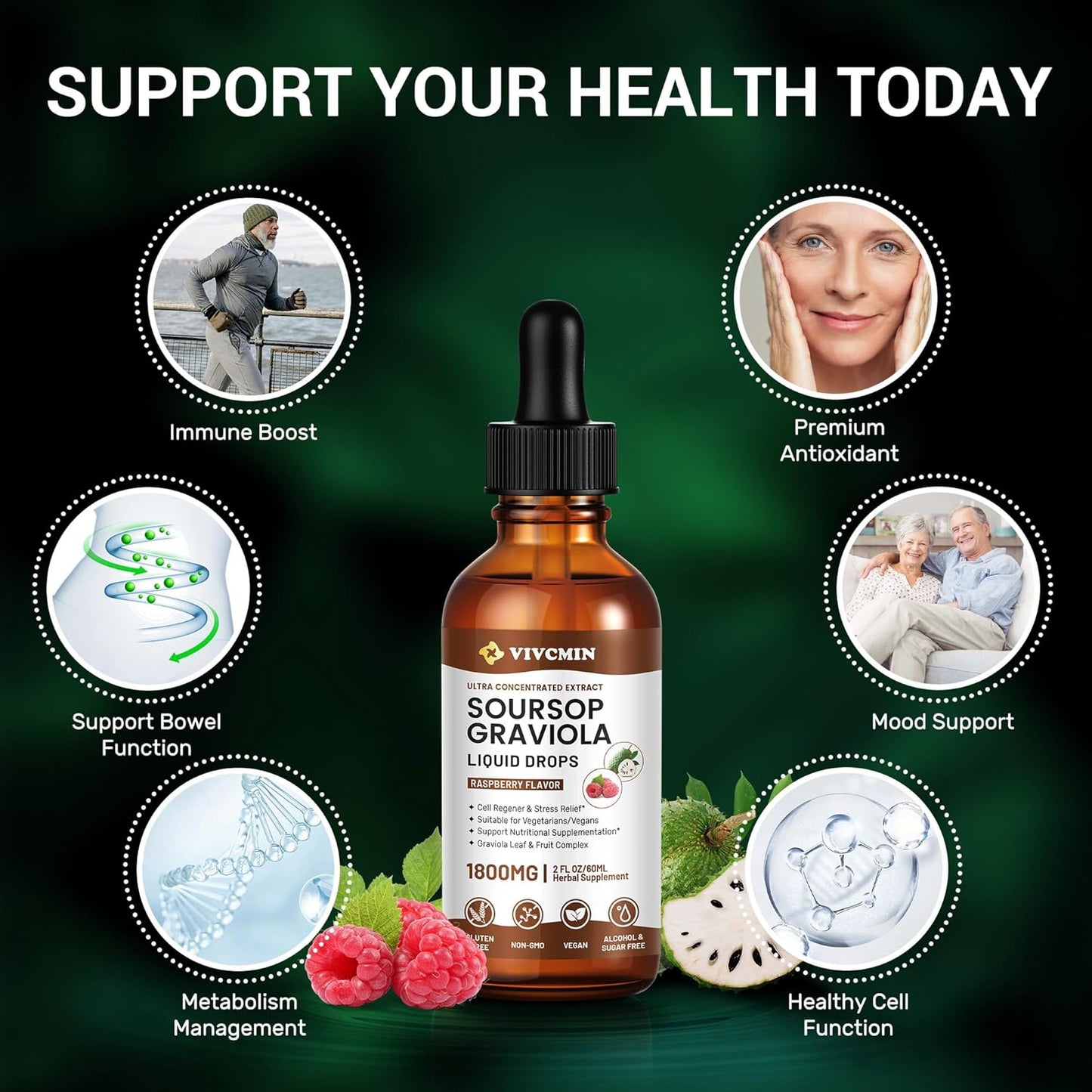 Vivcmin Graviola Soursop Leaf Extract Liquid - Immune Boost & Relaxation Support, Liver & Sleep Aid, Vegan Raspberry Bitters, 2oz