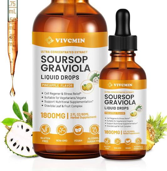 Vivcmin Graviola Soursop Leaf Liquid Extract - Immune Support, Liver Health, Sleep Aid - 2 Fl Oz, Pineapple Flavor, Vegan