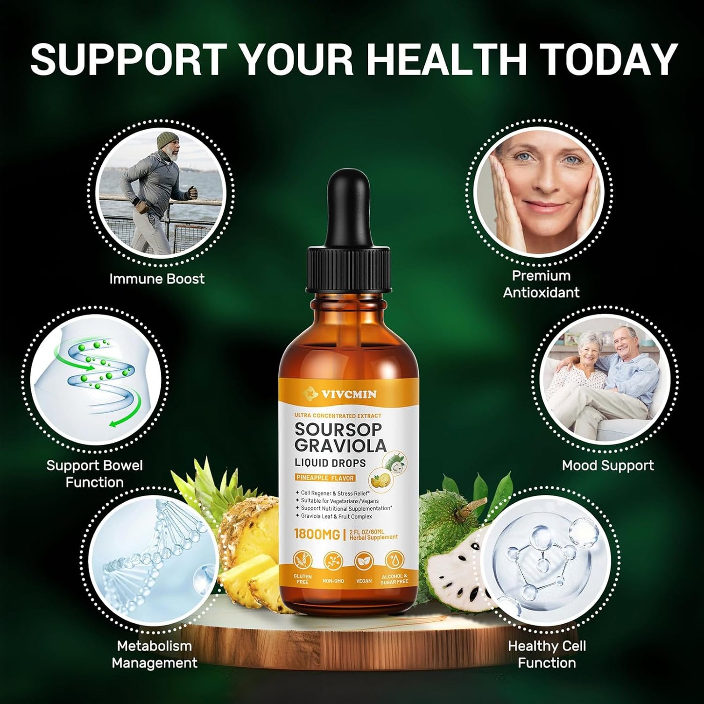 Vivcmin Graviola Soursop Leaf Liquid Extract - Immune Support, Liver Health, Sleep Aid - 2 Fl Oz, Pineapple Flavor, Vegan