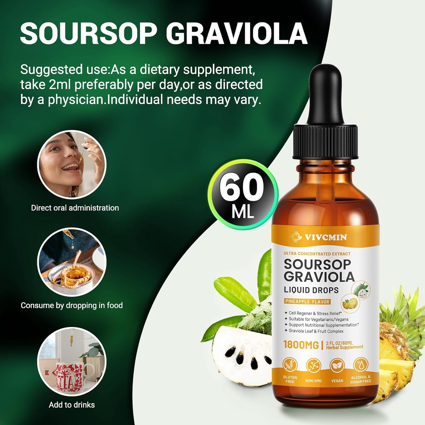 Vivcmin Graviola Soursop Leaf Liquid Extract - Immune Support, Liver Health, Sleep Aid - 2 Fl Oz, Pineapple Flavor, Vegan