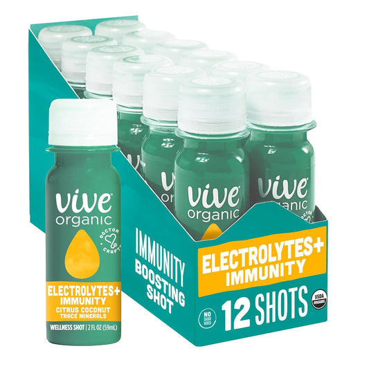 Vive Organic Blue Spirulina Electrolyte Shots with Immune Support, Coconut Water & Trace Minerals - Pack of 12, 2 Fl Oz Each - Gluten Free, Vegan Formula for Refueling and Rehydration