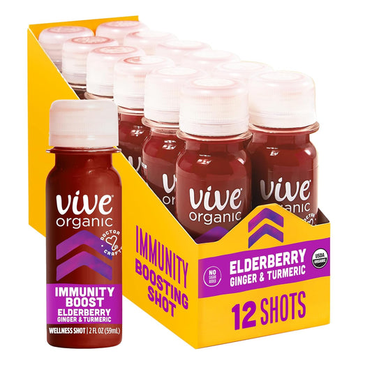 Vive Organic Elderberry Shot with Turmeric & Ginger for Immune Support - Gluten Free, Vegan - 2 Fl Oz (Pack of 12)