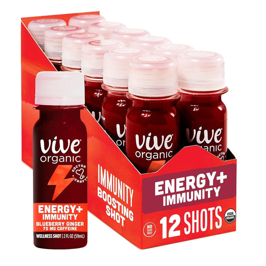 Vive Organic Energy Shot with Ashwagandha and Green Tea, Immune Support & Energy Boost, Vegan & Gluten-Free, Pack of 12
