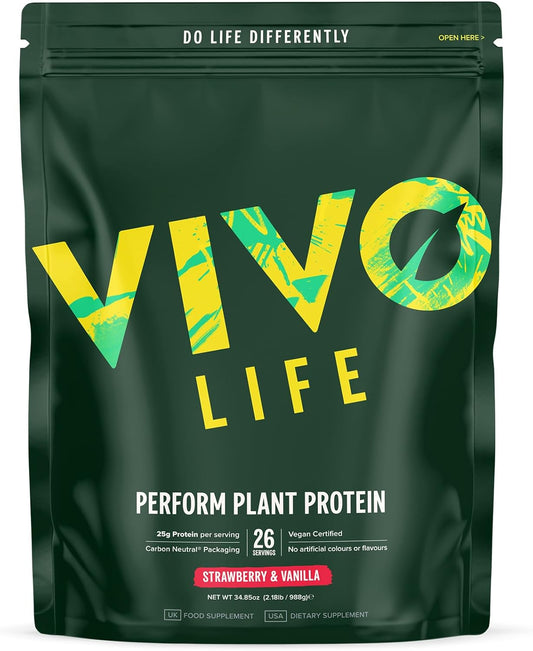 Vivo Life Perform Plant Protein Powder - Strawberry & Vanilla Flavor, Vegan, 26 Servings, 2.17lb, BCAA Pea &metabolism boosterBlend, Gluten & Soy Free