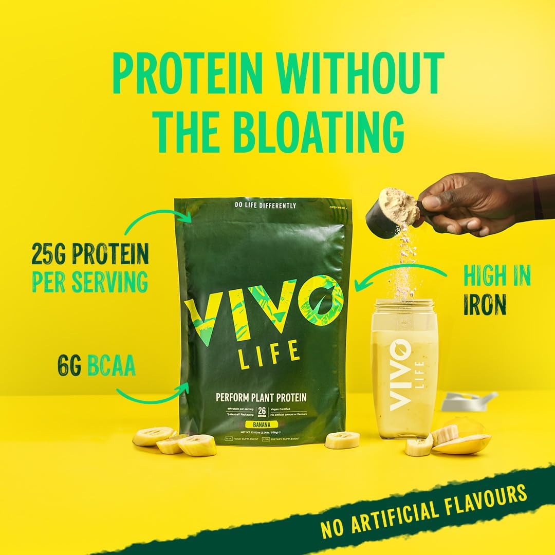 Vivo Life Perform Plant Protein Powder - Strawberry & Vanilla Flavor, Vegan, 26 Servings, 2.17lb, BCAA Pea &metabolism boosterBlend, Gluten & Soy Free