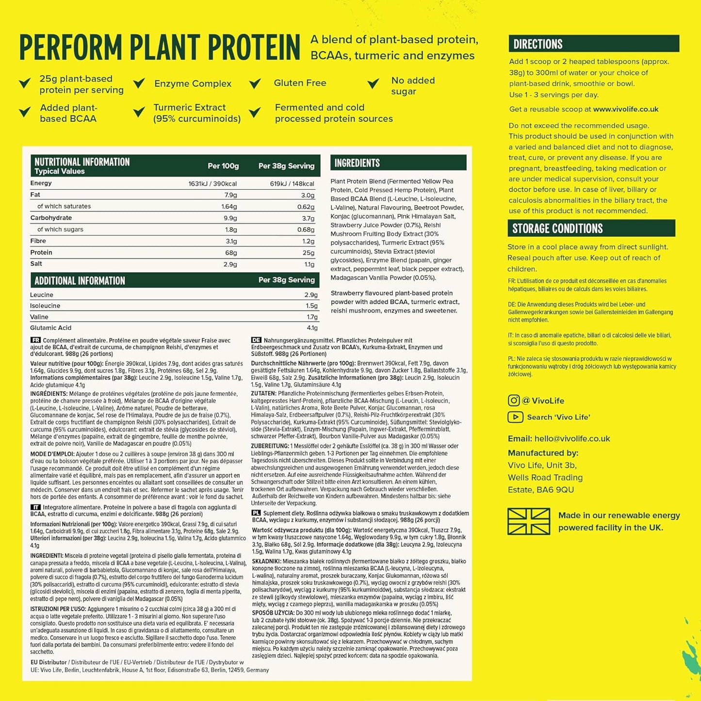 Vivo Life Perform Plant Protein Powder - Strawberry & Vanilla Flavor, Vegan, 26 Servings, 2.17lb, BCAA Pea &metabolism boosterBlend, Gluten & Soy Free