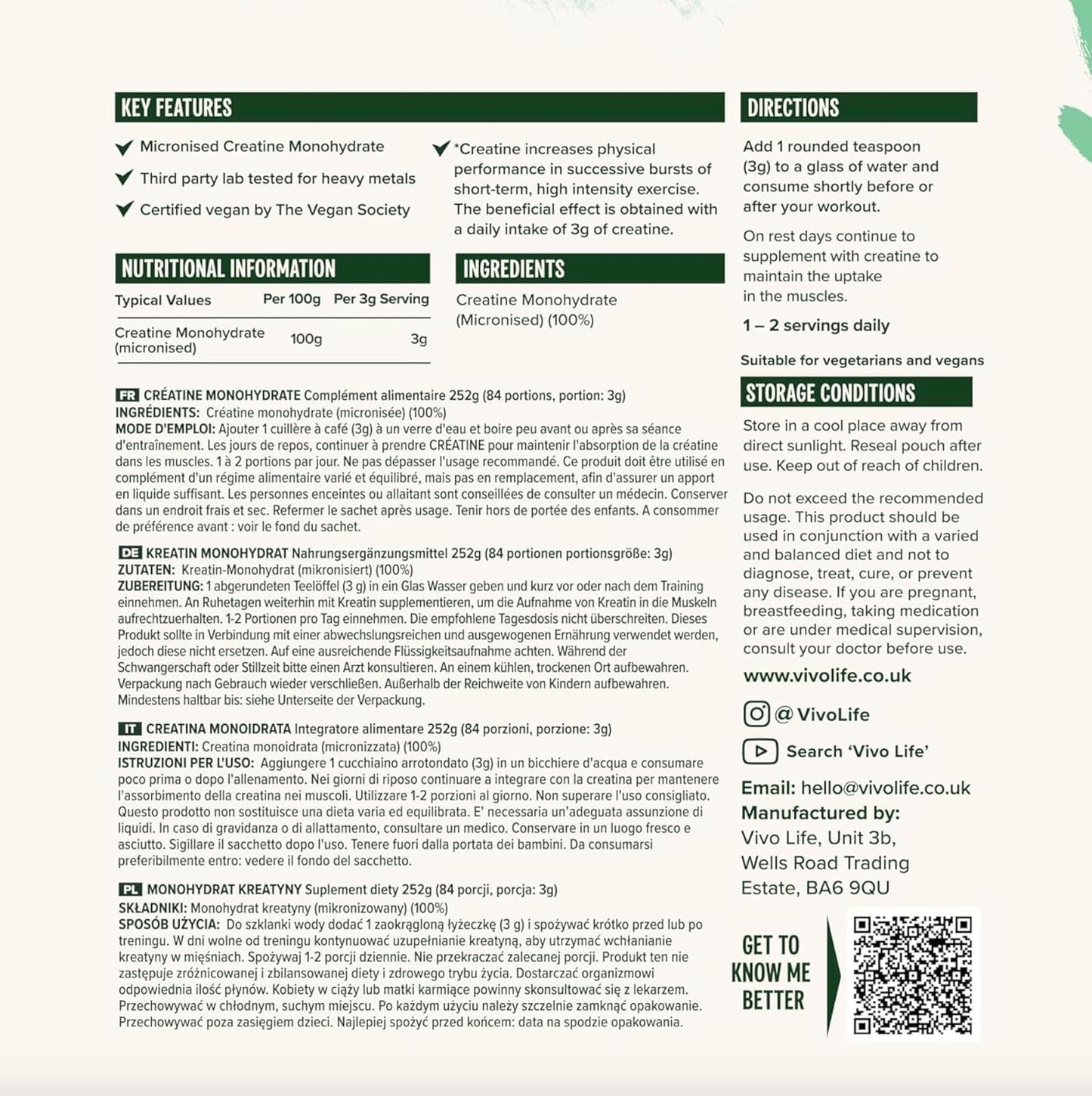 Vivo Life Vegan Creatine Monohydrate Powder - Micronised, Unflavoured (8.8 oz, 84 Servings)