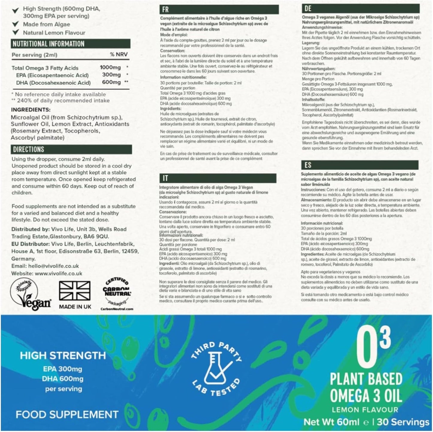 Vivo Life Vegan Omega 3 Liquid Drops: Algae Source, 2.03 fl oz, 30 Servings, 300mg EPA 600mg DHA, Fresh Lemon Flavor