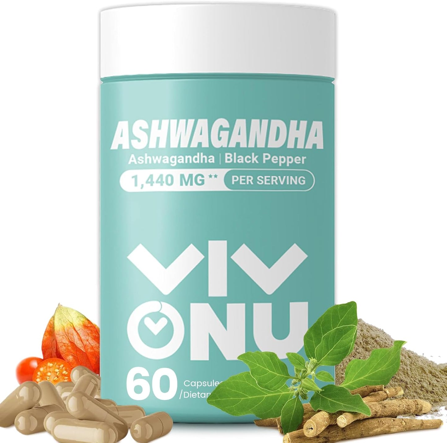 VivoNu Ashwagandha Capsules with KSM-66 & Black Pepper Extract - Stress Relief, Energy Boost, Sleep Support - 60 Count