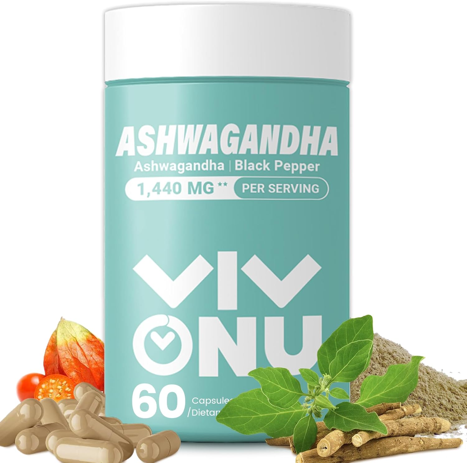 VivoNu Ashwagandha Capsules with KSM-66 & Black Pepper Extract - Stress Relief, Energy Boost, Sleep Support - 60 Count