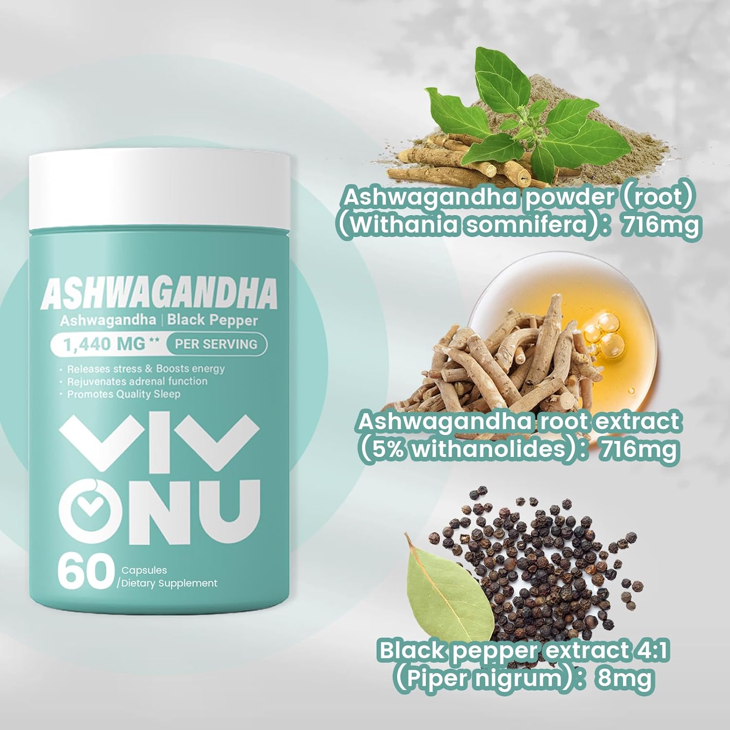 VivoNu Ashwagandha Capsules with KSM-66 & Black Pepper Extract - Stress Relief, Energy Boost, Sleep Support - 60 Count