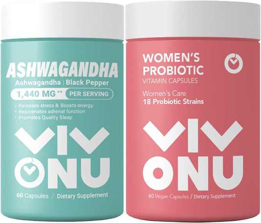 VivoNu Ashwagandha Vegan Capsules with KSM-66 Root Extract for Women - Probiotic Blend with 60 Billion CFUs