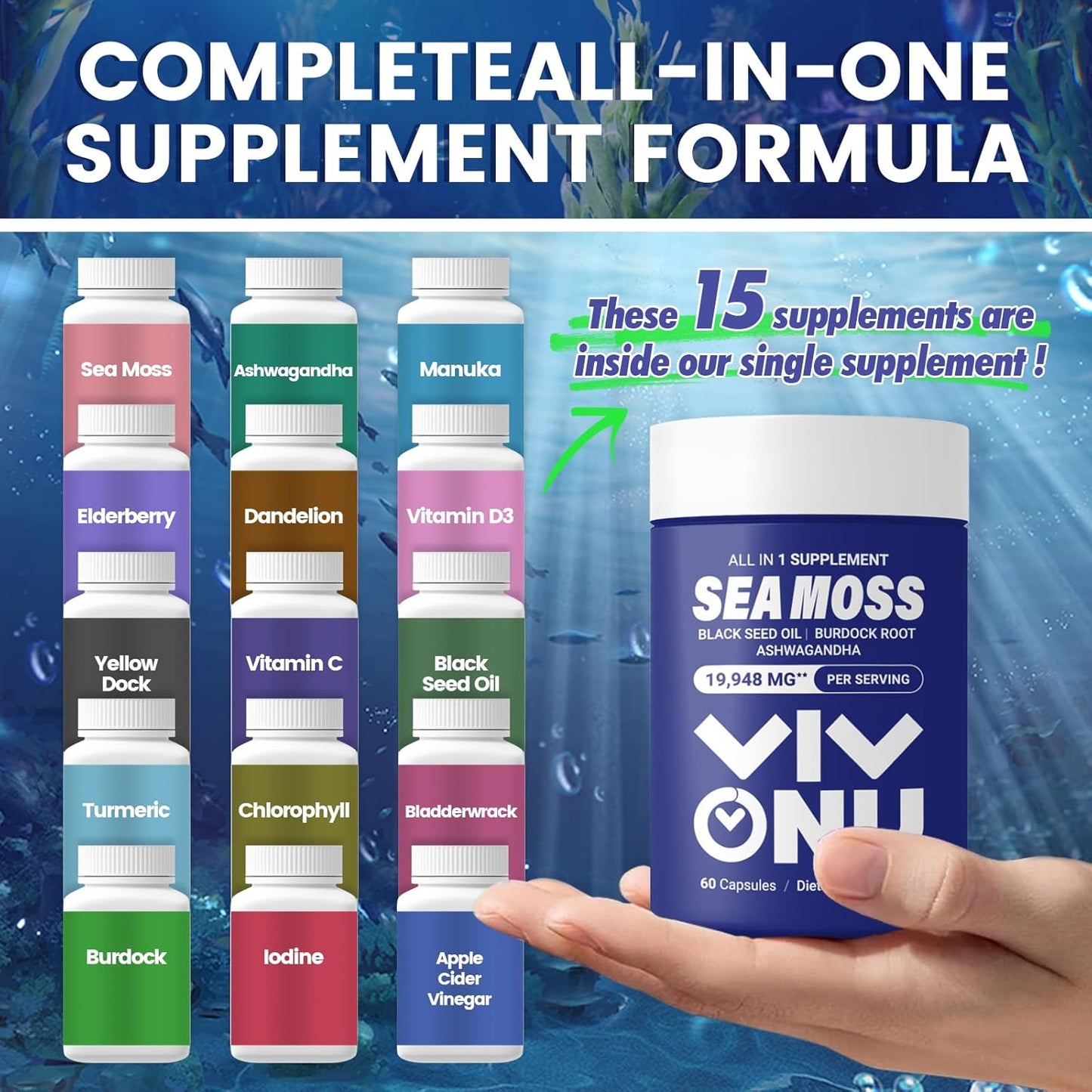 VivoNu Sea Moss Black Seed Oil Ashwagandha Shilajit Ginger Capsules with Burdock Turmeric Vitamins C & D3 Elderberry ACV Manuka Dandelion - Immune System, Skin, Energy Support