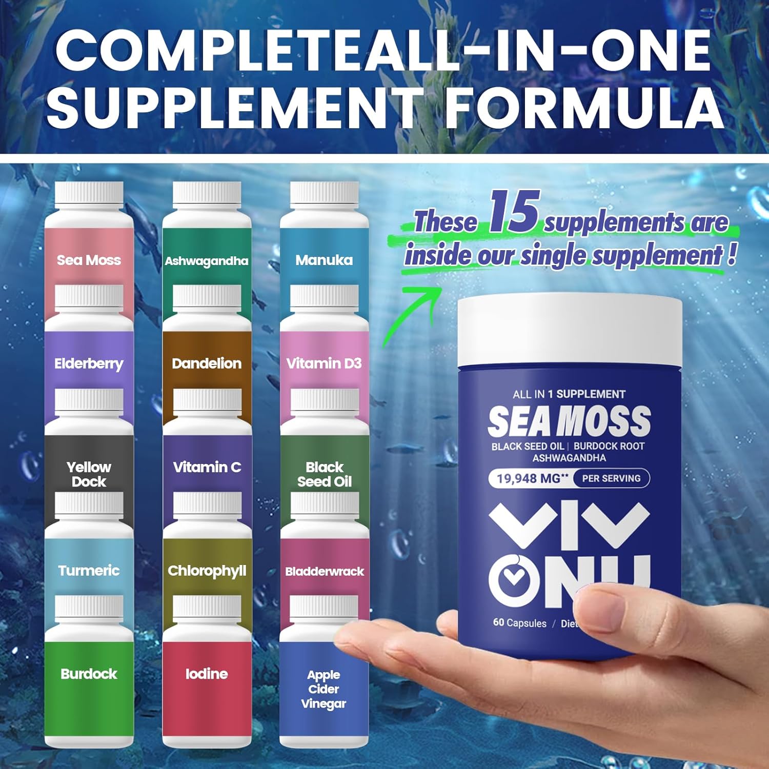 VivoNu Sea Moss Black Seed Oil Ashwagandha Shilajit Ginger Capsules with Burdock Turmeric Vitamins C & D3 Elderberry ACV Manuka Dandelion - Immune System, Skin, Energy Support