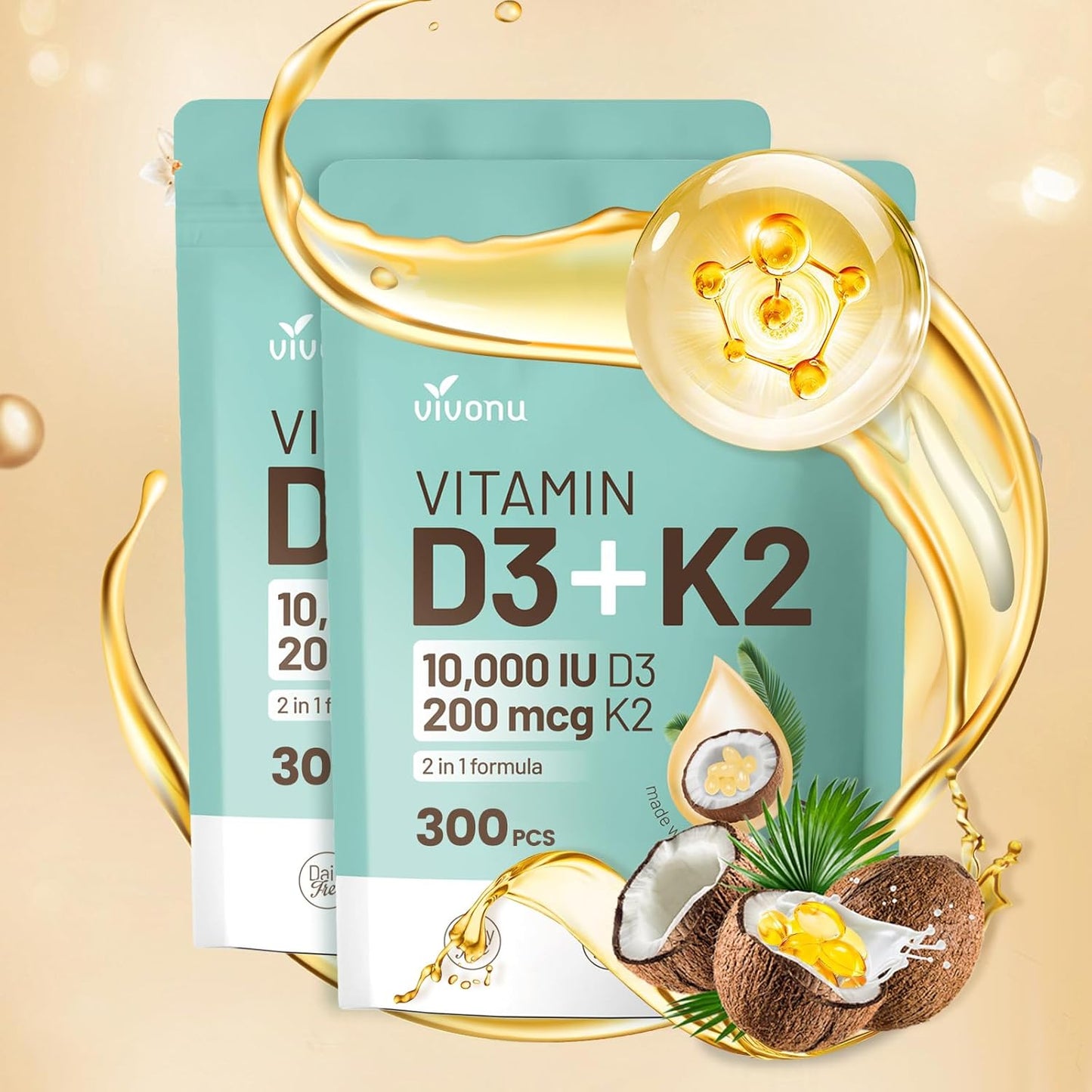 VivoNu Vitamin D3 10000 iu & K2 (MK-7) 200 mcg Softgels - 2 in 1 VIT D & K Complex for Bone and Heart Health, 600 Softgels in 2 Bags