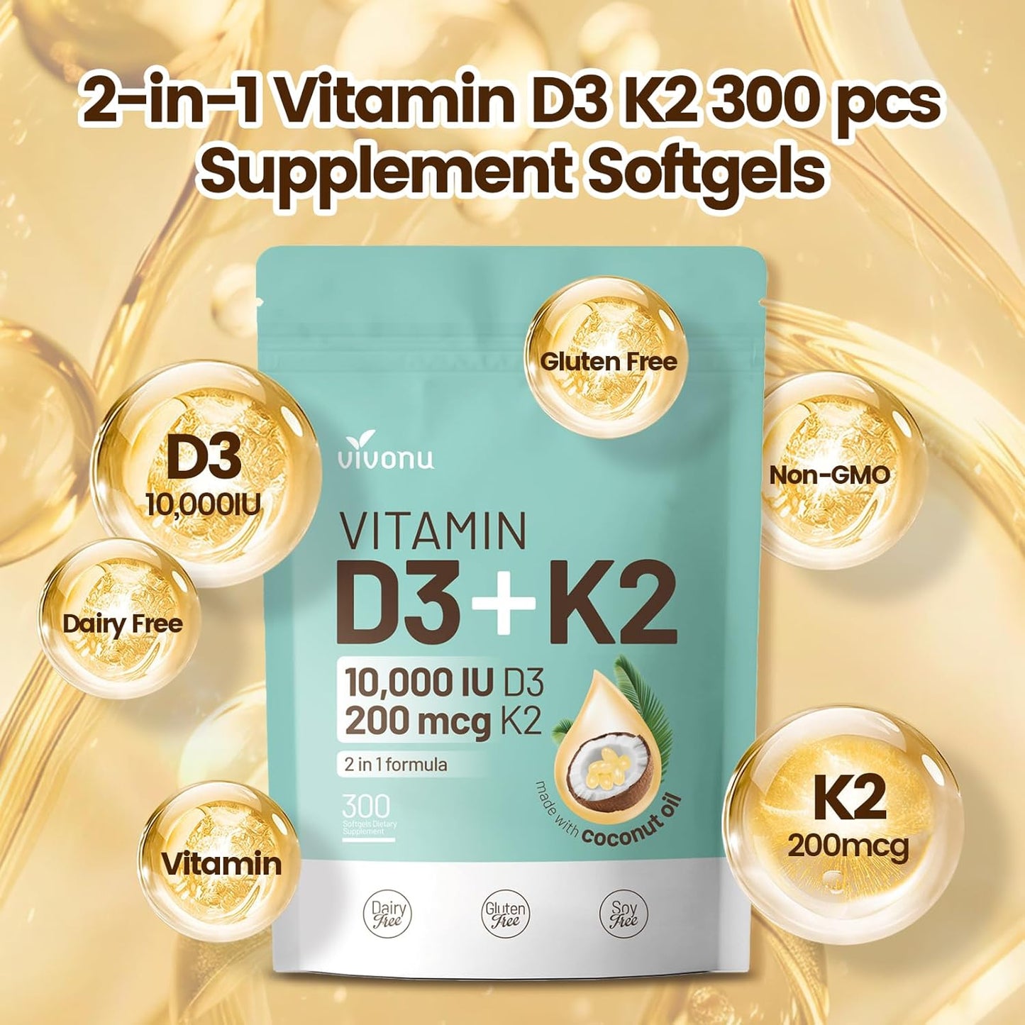 VivoNu Vitamin D3 10000 IU & K2 (MK-7) 200 mcg Softgels with Coconut Oil - 2-in-1 VIT D & K Complex for Bone, Immune, and Heart Health - 900 Softgels in 3 Bags