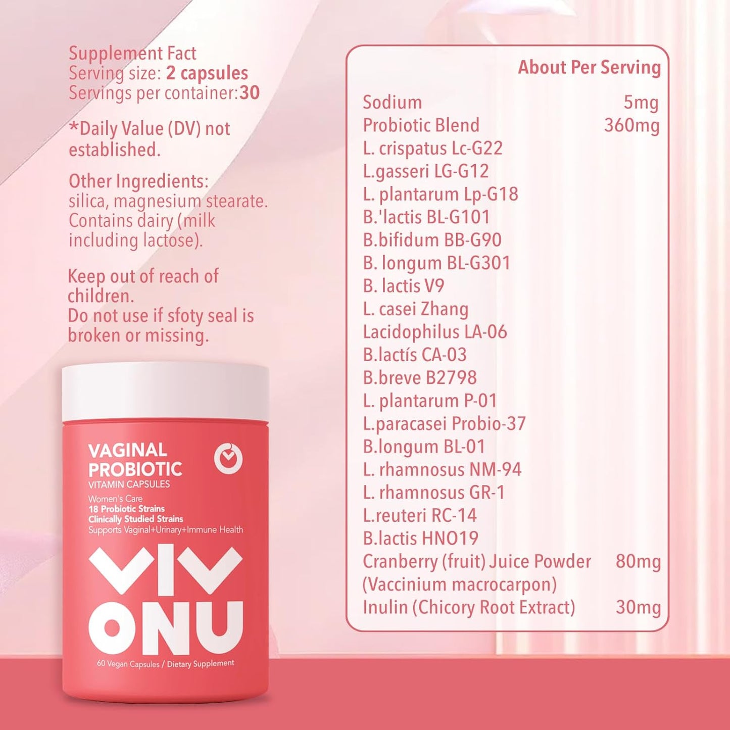 VivoNu Women's Probiotic with Prebiotics, Lactobacillus Blend - 60 Billion CFUs, 18 Strains - Supports Women's Health, Immune System, Digestion, Gut Health, Vaginal Flora - Promotes Healthy Vaginal Odor