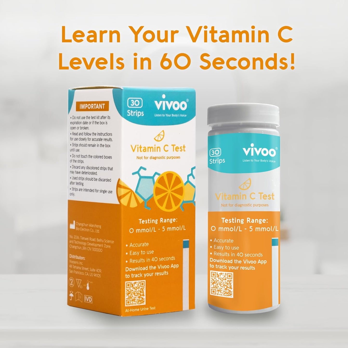 Vivoo Vitamin C Test Strips - Monitor Your Vitamin C Levels Easily at Home! Quick 40-Second Test for Precise Results - 30 Strips