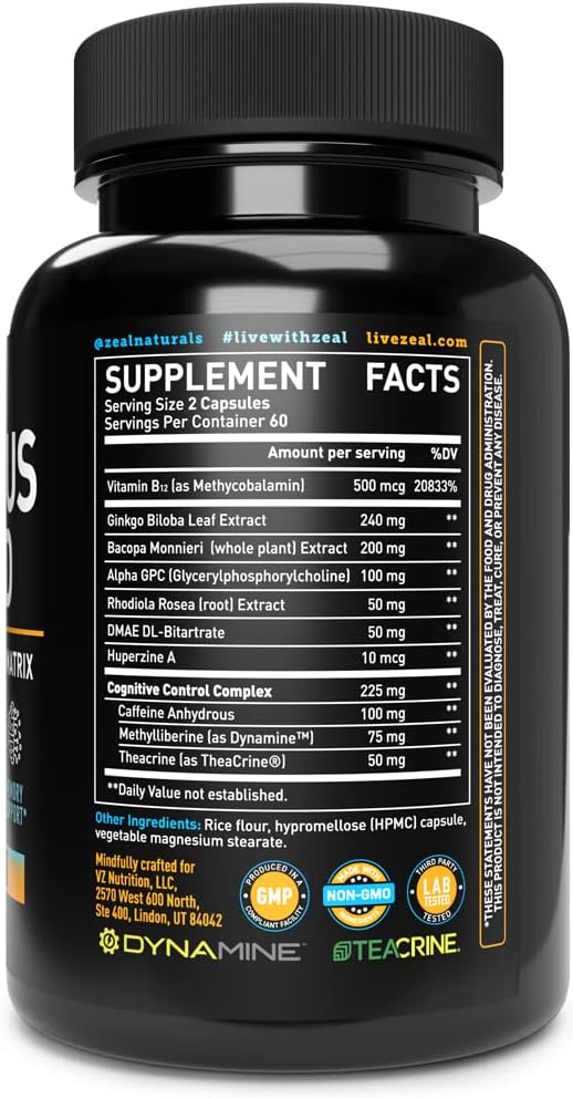 Véla Nootropic Supplement for Brain Health - Memory, Focus, Energy, and Mood Support with Rhodiola, Vitamin B12, and More - 120 CT