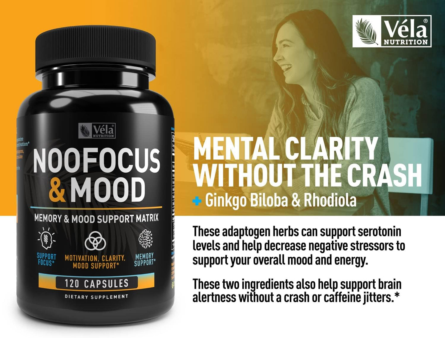 Véla Nootropic Supplement for Brain Health - Memory, Focus, Energy, and Mood Support with Rhodiola, Vitamin B12, and More - 120 CT