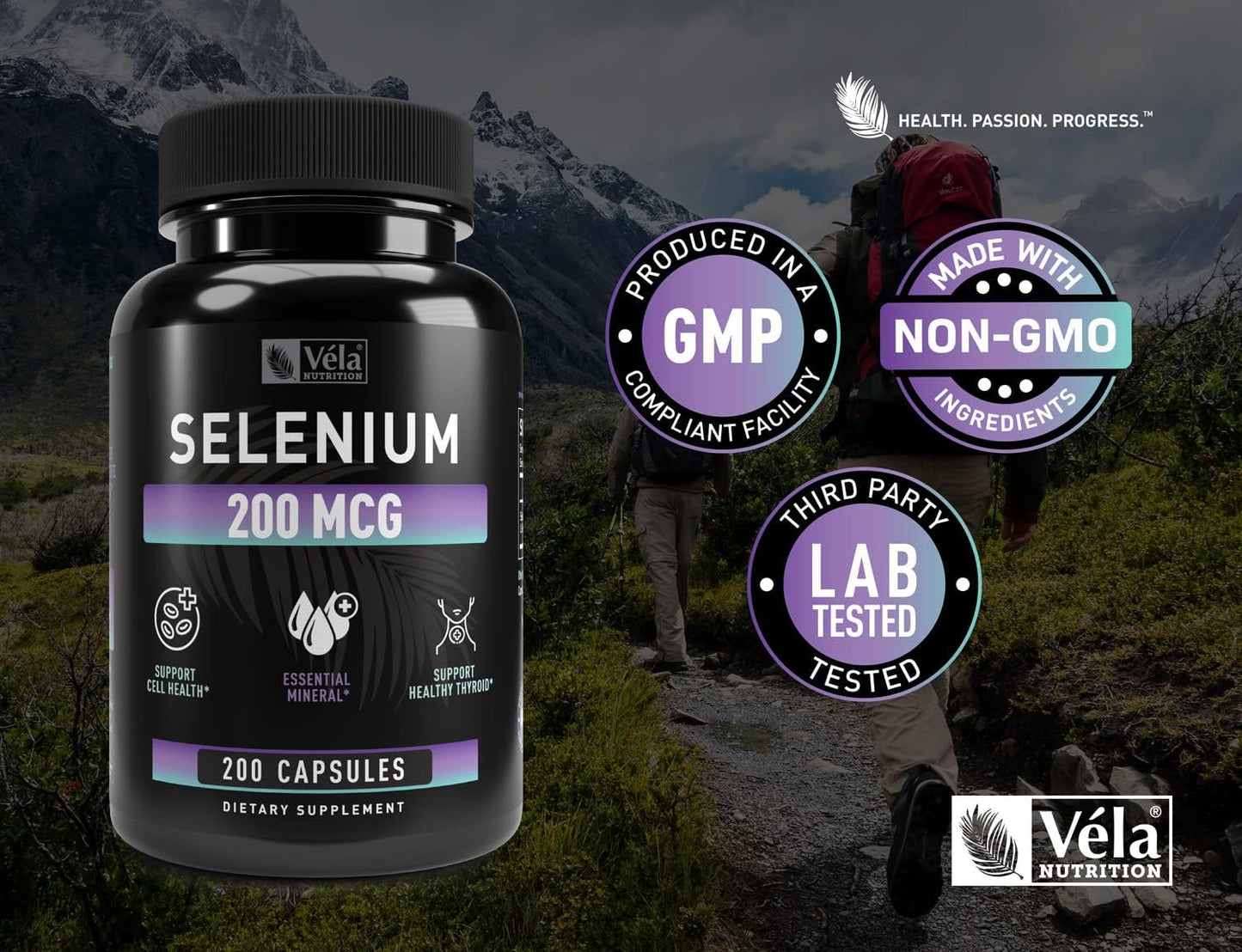 Véla Selenium Capsules 200mcg - Antioxidant, Immune, Reproductive, Thyroid Support - Non-GMO - 200 Capsules, 3rd Party Tested