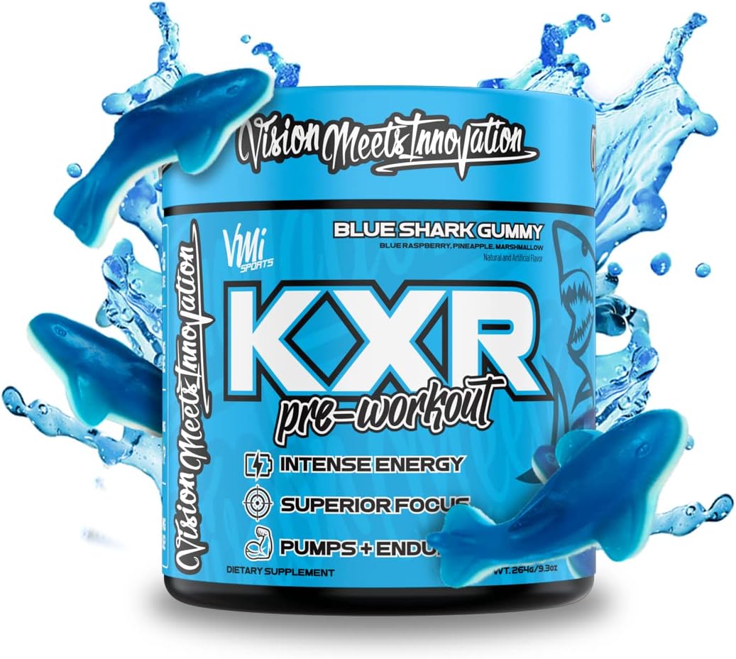 VMI Sports K-XR Pre-Workout Energy Powder - Boost Performance & Endurance | Creatine-Free Energy Drink (Blue Shark Gummy)