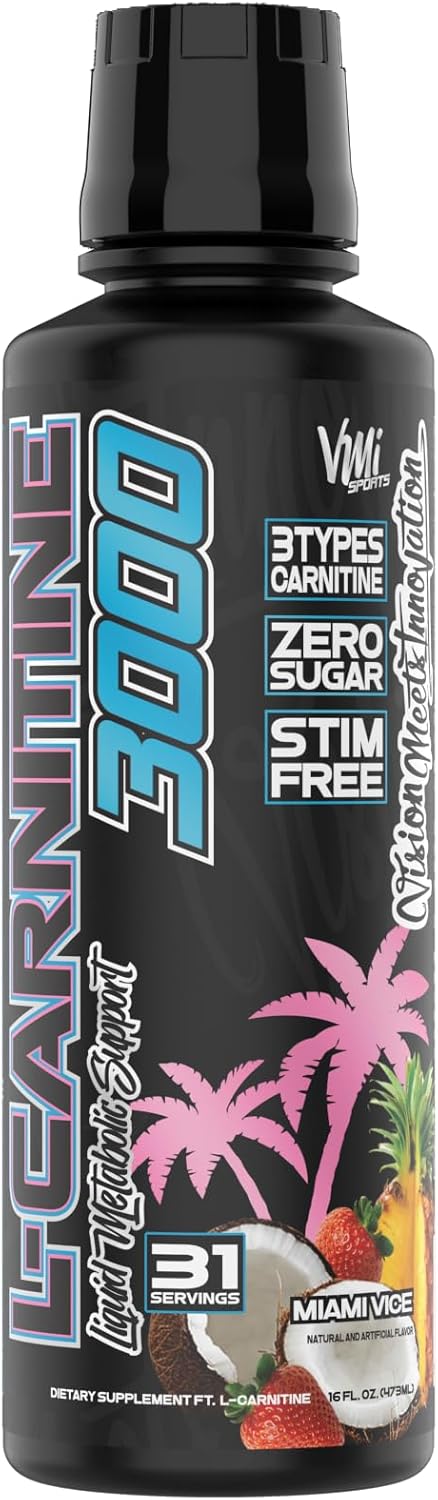 VMI Sports L-Carnitine 3000 Liquid Supplement | 3000 mg Carnitine | Zero Calorie Zero Sugar | Keto Friendly | Great Tasting | 31 Servings | Miami Vice Flavor | 16 fl. oz.