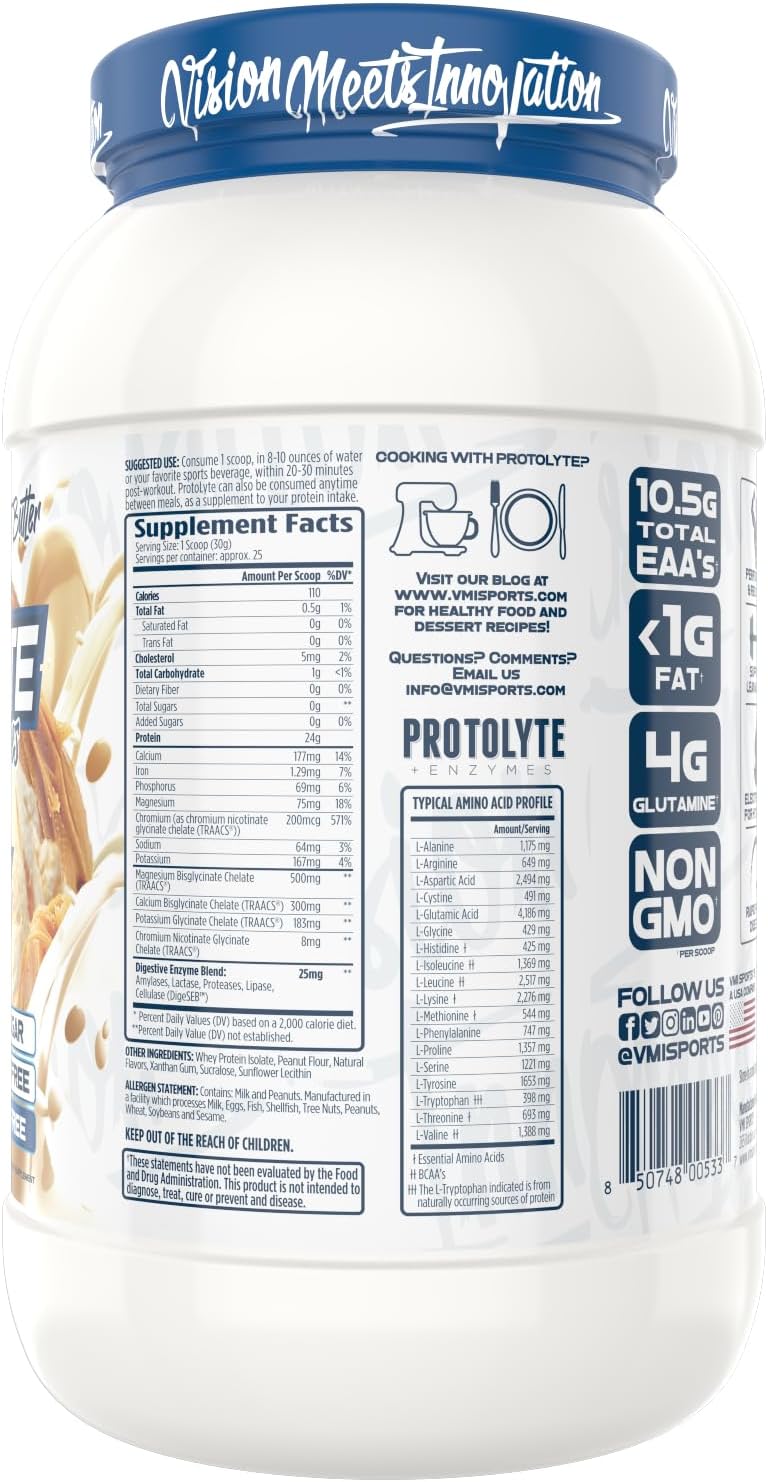 VMI Sports ProtoLyte Whey Isolate Protein Powder - Low Calorie Protein for Slimming Formula & Muscle Gain - Digestive Enzymes - Non-GMO - Vanilla Peanut Butter - 1.6 lbs
