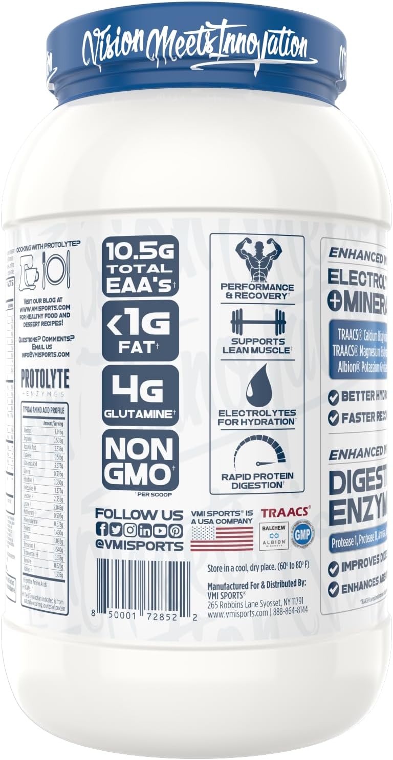 VMI Sports Protolyte Whey Protein Isolate with Electrolytes & Enzymes - Zero Sugar, Keto Friendly, Lactose Free - 21-25g Protein for Muscle Growth, Recovery, Hydration