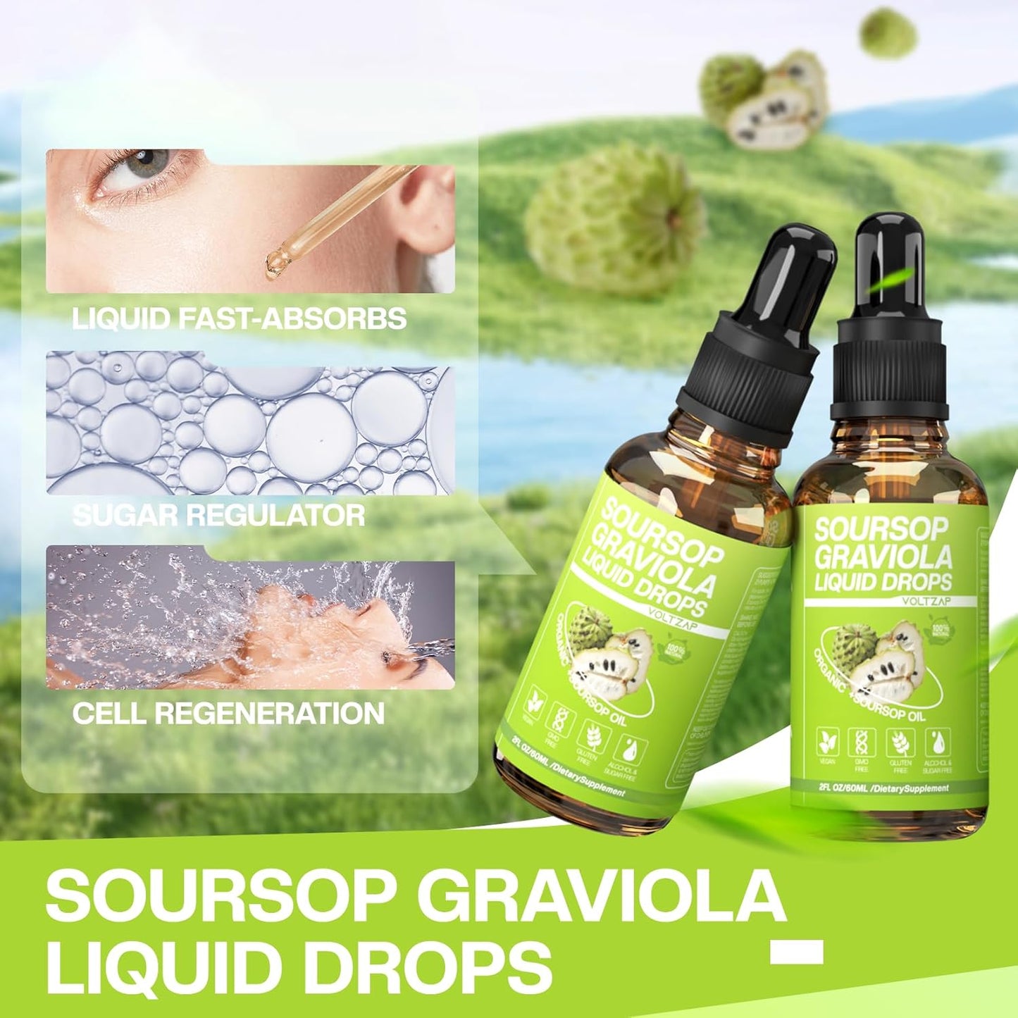 VOLTZAP Soursop Graviola Liquid Drops - Cell Regeneration Support with Sugar and Gluten-Free Formula - 2 Fl Oz