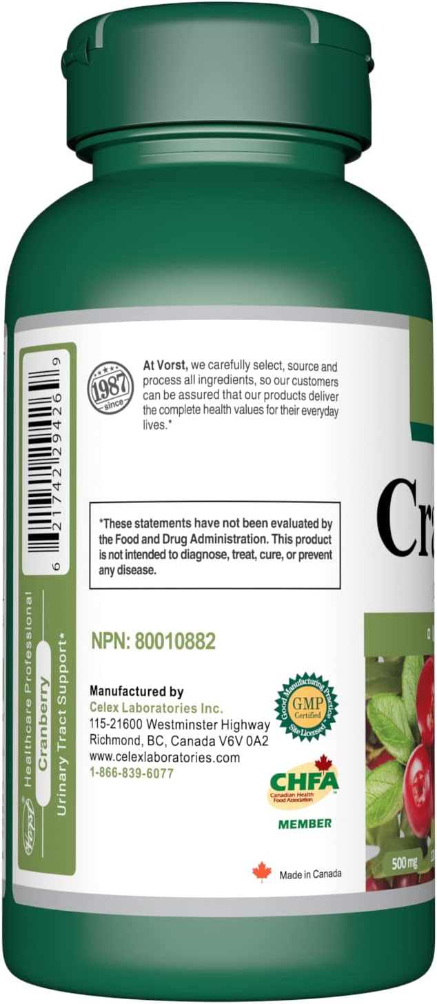 Vorst Cranberry Capsules 120 Count - 500mg with 12:1 Extract Ratio for Urinary Tract and Digestive Health - 6000mg Raw Extract Equivalent