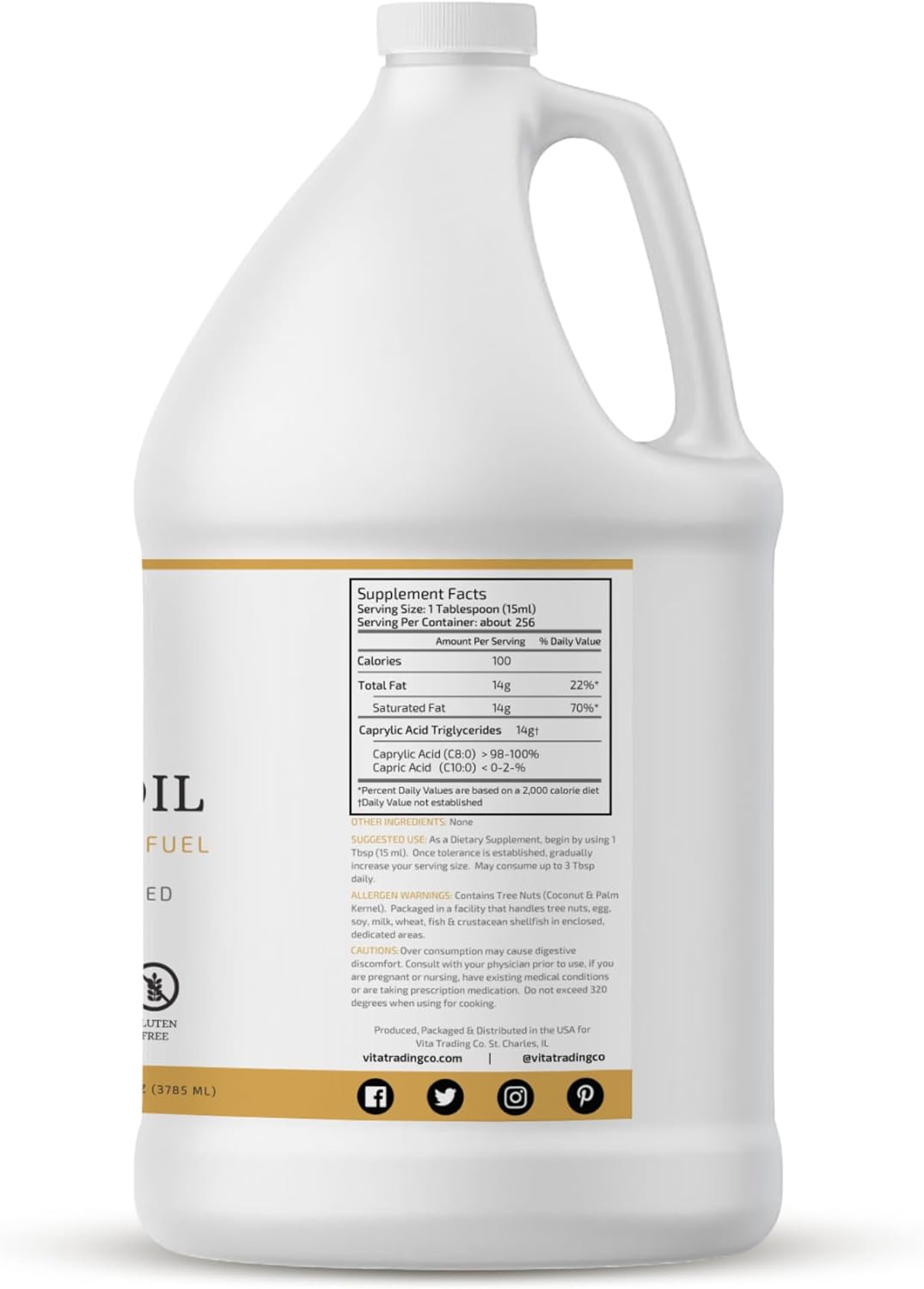 VTC VitaTradingCo. 100% Pure C8 MCT Oil - Clean Energy Source, Sustainably Sourced - Non-GMO, Paleo, Keto - 128oz, 256 Servings
