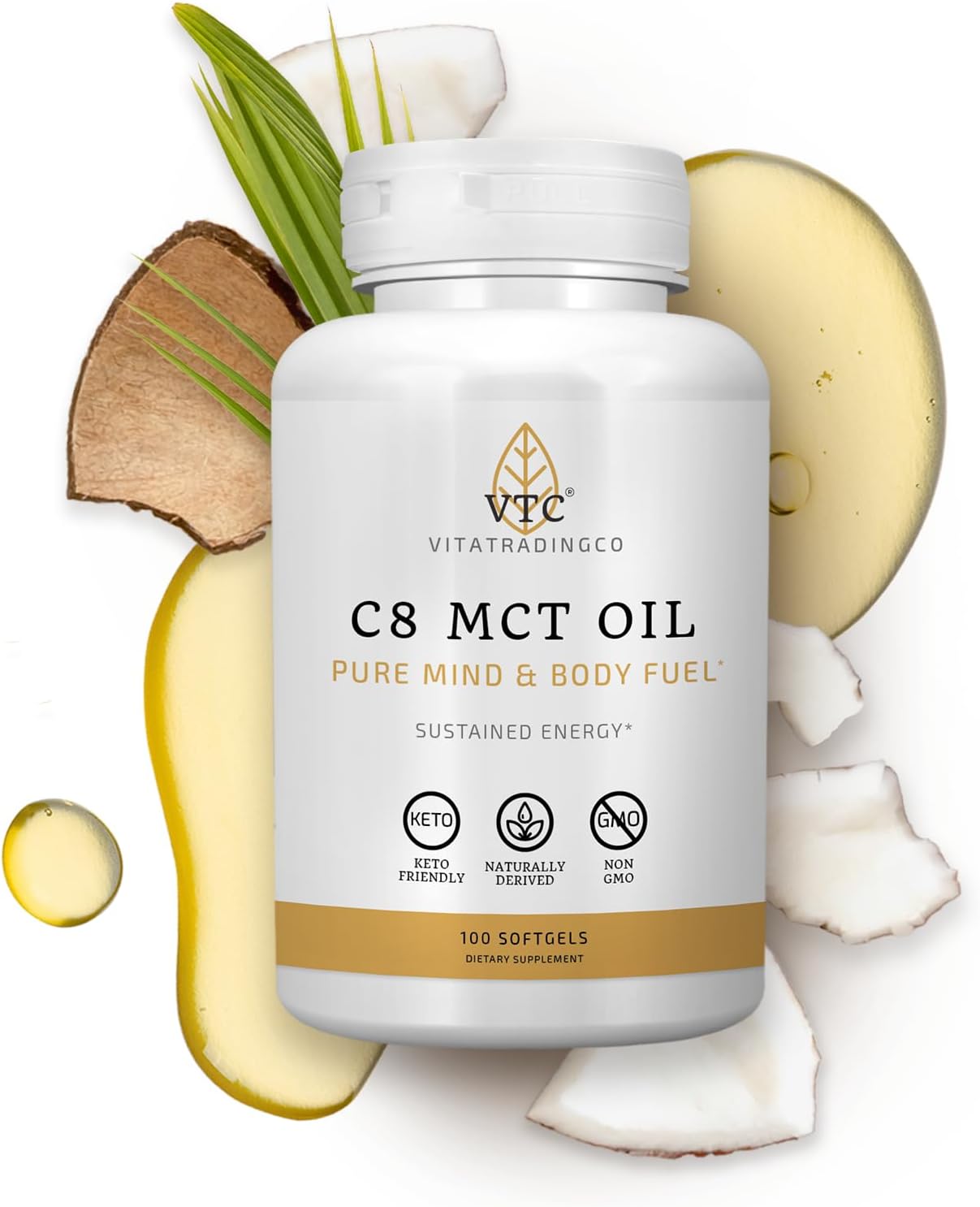 VTC VitaTradingCo. C8 MCT Oil Capsules - Natural Caprylic C8 Supplement for Sustained Energy - Coconut Oil Pills - Keto Friendly - Non GMO - 100 Softgels - BoostGo Australia