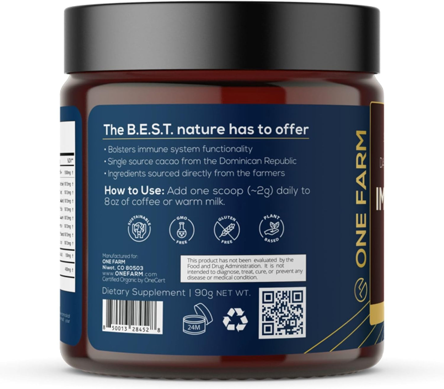 WAAYB Organic One Farm 8 Mushroom Immunity Powder: Non-GMO Vegan Supplement in Resealable Glass Jar