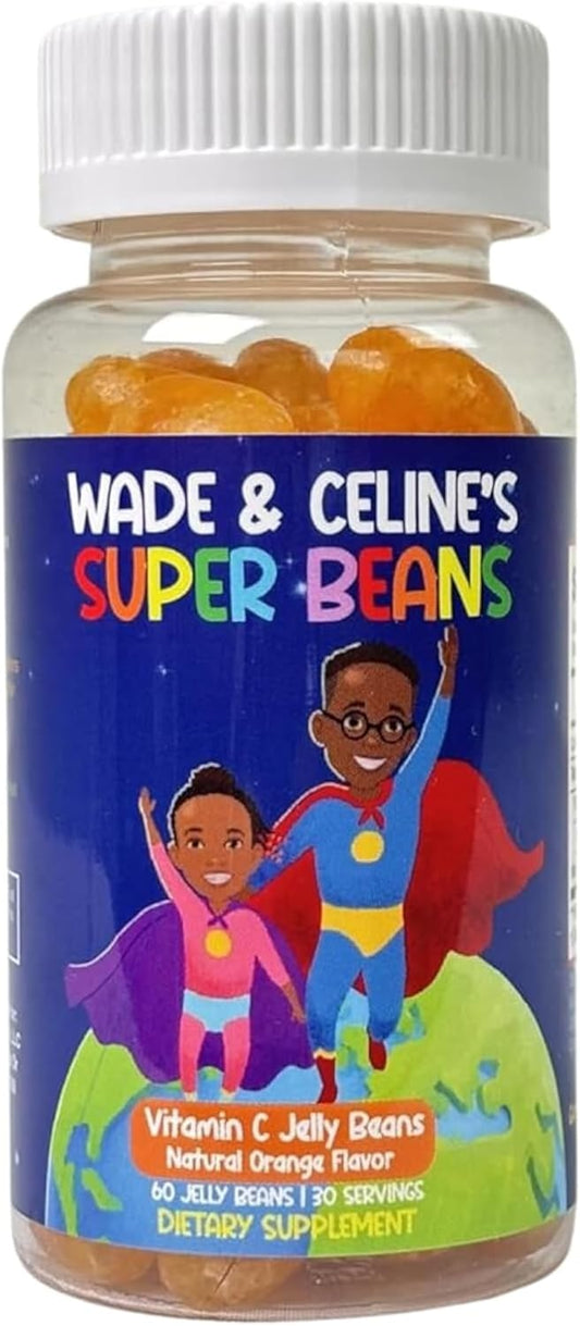 Wade & Celine's Super Beans Vitamin C Gummy Jellybeans - Immune Support for Kids, Vegan, Gluten-Free, Natural Orange Flavor - 60 Beans