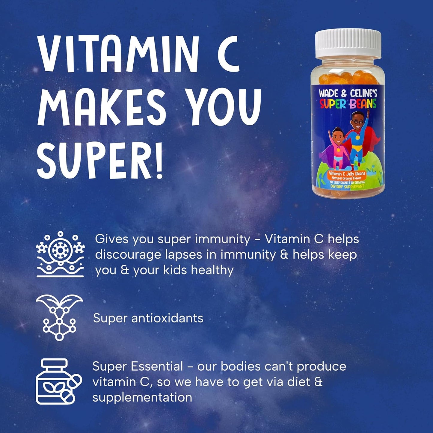 Wade & Celine's Super Beans Vitamin C Gummy Jellybeans - Immune Support for Kids, Vegan, Gluten-Free, Natural Orange Flavor - 60 Beans
