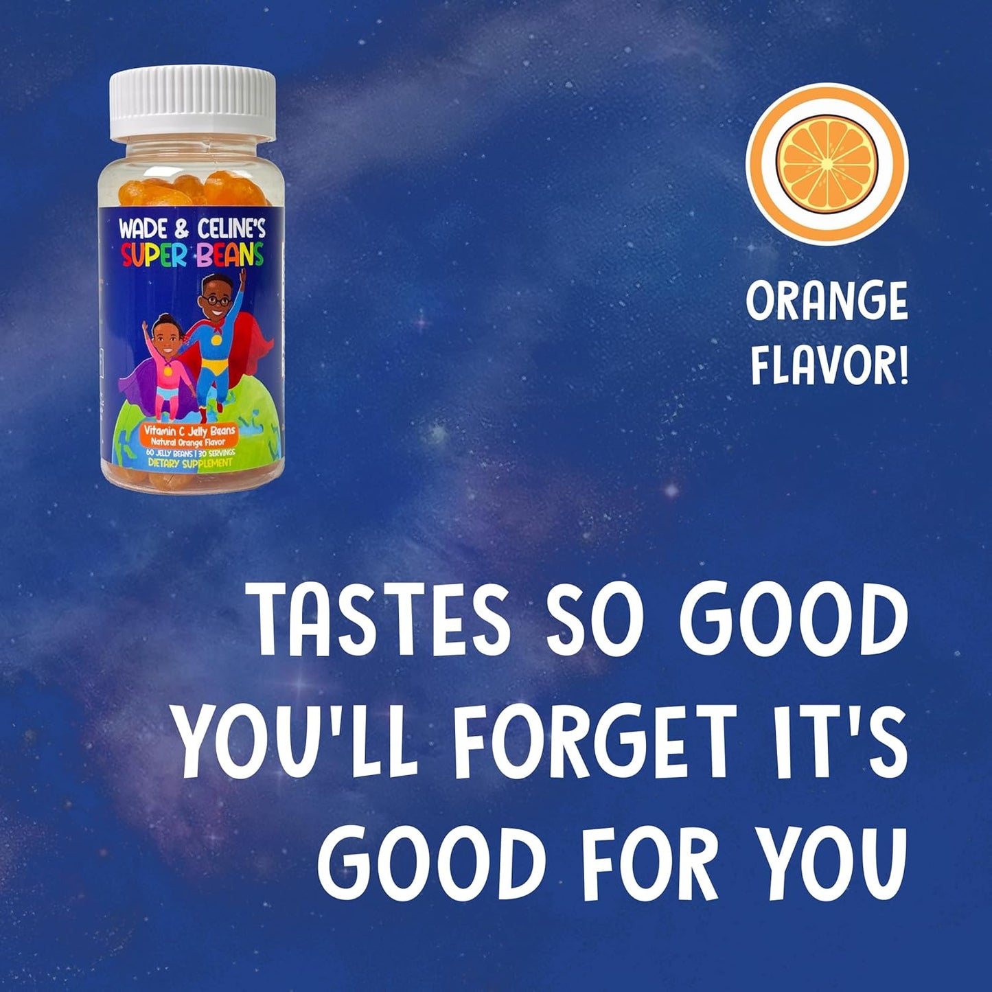 Wade & Celine's Super Beans Vitamin C Gummy Jellybeans - Immune Support for Kids, Vegan, Gluten-Free, Natural Orange Flavor - 60 Beans