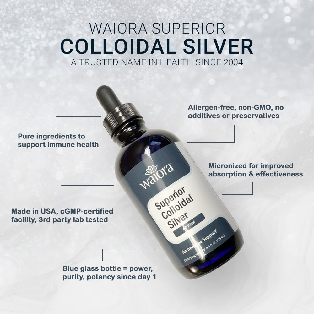 Waiora Superior Colloidal Silver Liquid Mineral Supplement 40 PPM Immune Support Blue Glass Bottle - 1 Bottle (22 Servings)