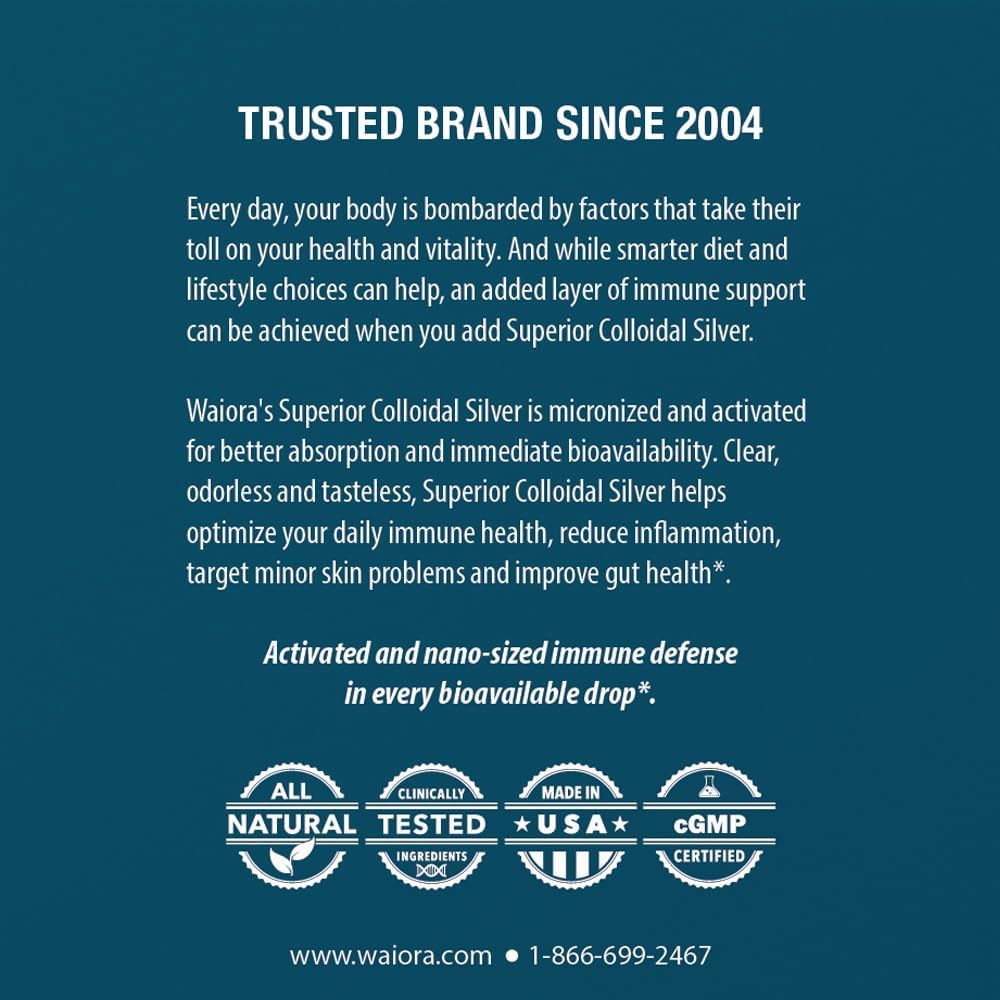 Waiora Superior Colloidal Silver Liquid Mineral Supplement 40 PPM Immune Support Blue Glass Bottle - 1 Bottle (22 Servings)