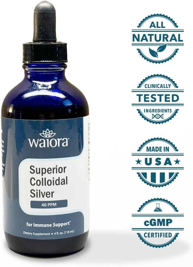 Waiora Superior Colloidal Silver Liquid Mineral Supplement 40 PPM Immune Support Blue Glass Bottle - 1 Bottle (22 Servings)