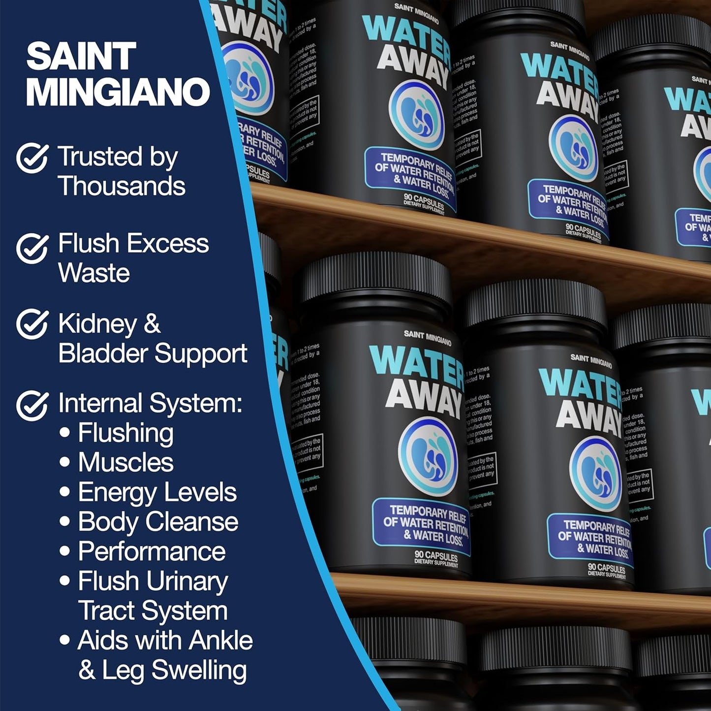 Water Away Pills for Swollen Ankles, Feet, Legs, and Bloating - Fast Acting Relief for Water Retention - 90 Capsules